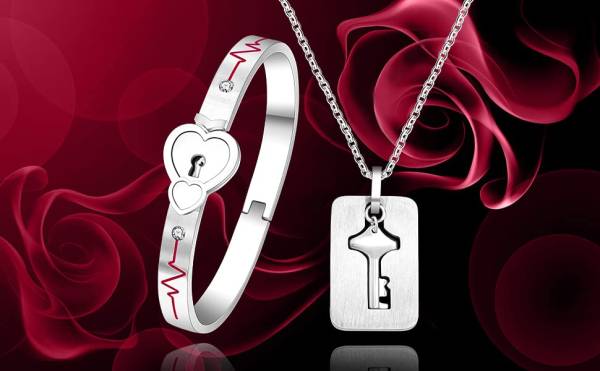Uloveido Stainless Double Heart Infinity Love Lock Bangle Heartbeat Line Bracelet with Shield Key Pendant Necklace Set Y1891-Steel - Image 2