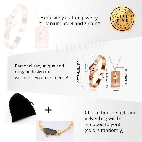 Uloveido Matching Bracelet with Necklace for Girlfriend Boyfriend, Rose Gold Plated Titanium Puzzle Couple Heart Bracelet and Key Pendant Necklace for Men and Women SN300 (Rose gold color) - Image 2