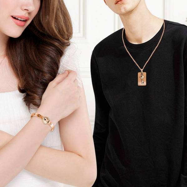Uloveido Matching Bracelet with Necklace for Girlfriend Boyfriend, Rose Gold Plated Titanium Puzzle Couple Heart Bracelet and Key Pendant Necklace for Men and Women SN300 (Rose gold color) - Image 6