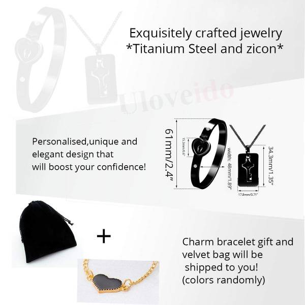 Uloveido His and Hers Matching Set Couple Titanium Heart Lock Bangle Bracelet and Shield Key Pendant Necklace Korean Style (2.4 inch-Black) - Image 2