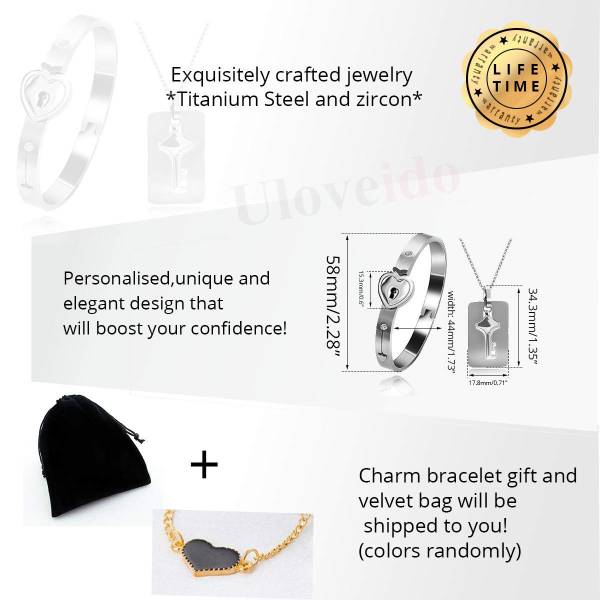 Uloveido His and Hers Matching Set Couple Titanium Only You Have My Key Bangle Bracelet Lock and Key Necklace Set for Girlfriend and Boyfriend SN300 - Image 2