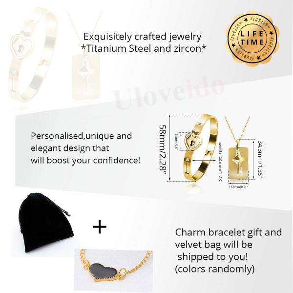 Uloveido Mens Womens Heart Lock Bangle Bracelets with Key Necklace Pendant for Men Women Gold Color Titanium Steel Bracelet and Necklace Set for Couples SN300 - Image 2