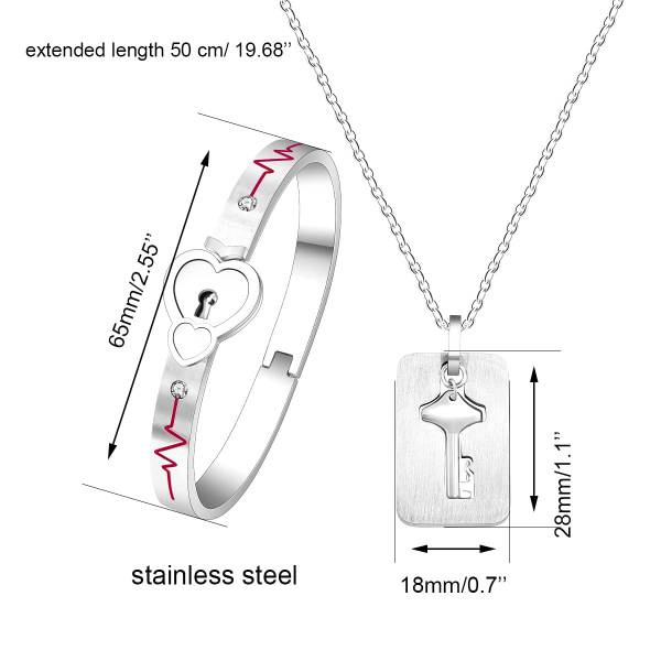 Uloveido Stainless Double Heart Infinity Love Lock Bangle Heartbeat Line Bracelet with Shield Key Pendant Necklace Set Y1891-Steel - Image 4
