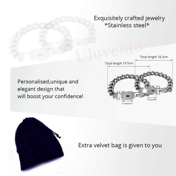 Uloveido Square & Heart Key Lock Bangle Matching Chain Bracelets for Couple, Romantic Gift for friend and friend (steel) - Image 4