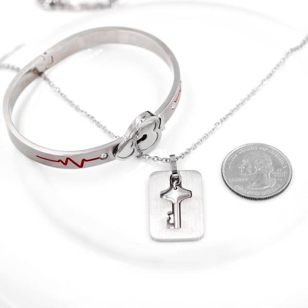 Uloveido Stainless Double Heart Infinity Love Lock Bangle Heartbeat Line Bracelet with Shield Key Pendant Necklace Set Y1891-Steel - Image 3