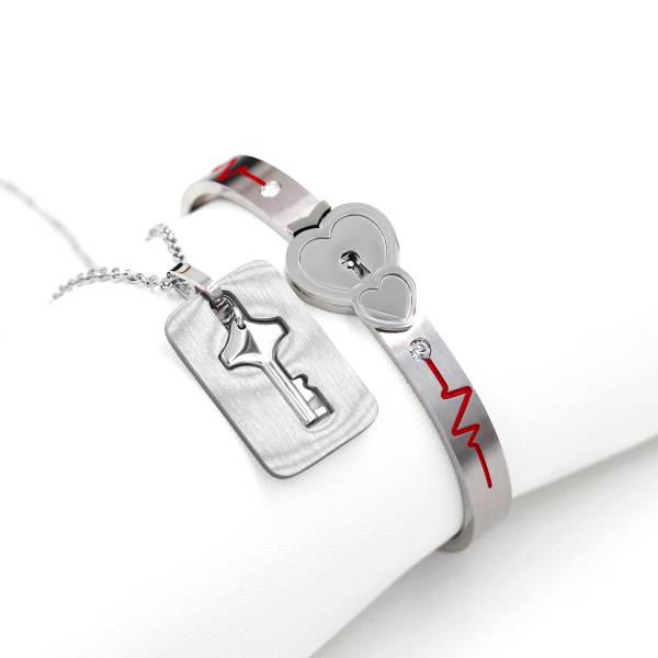 Uloveido Stainless Double Heart Infinity Love Lock Bangle Heartbeat Line Bracelet with Shield Key Pendant Necklace Set Y1891-Steel - Image 5