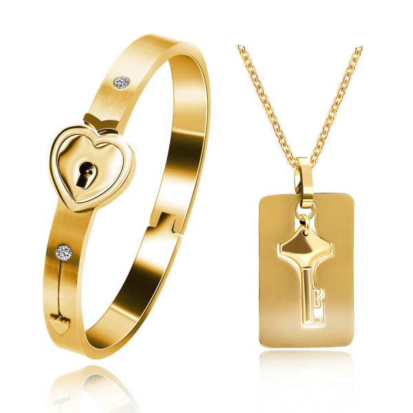 Uloveido Mens Womens Heart Lock Bangle Bracelets with Key Necklace Pendant for Men Women Gold Color Titanium Steel Bracelet and Necklace Set for Couples SN300