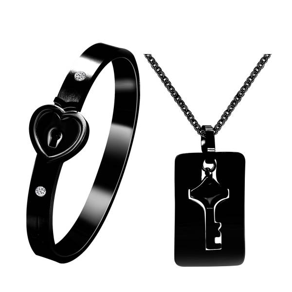 Uloveido His and Hers Matching Set Couple Titanium Heart Lock Bangle Bracelet and Shield Key Pendant Necklace Korean Style (2.4 inch-Black)
