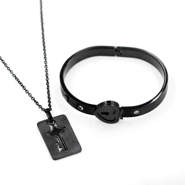 Uloveido His and Hers Matching Set Couple Titanium Heart Lock Bangle Bracelet and Shield Key Pendant Necklace Korean Style (2.4 inch-Black) - Image 6