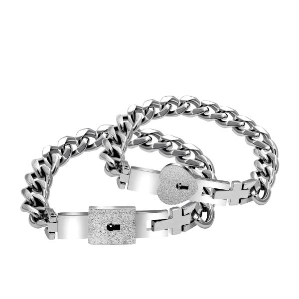 Uloveido Square & Heart Key Lock Bangle Matching Chain Bracelets for Couple, Romantic Gift for friend and friend (steel)