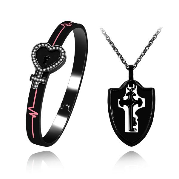 Uloveido Black Stainless Steel Egyptian Ankh Cross Heartbeat Lock Bracelet and Shield Key Pendant Necklace Couples Jewelry Set for Men Women Y1481
