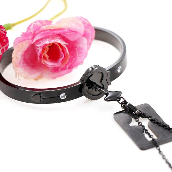 Uloveido His and Hers Matching Set Couple Titanium Heart Lock Bangle Bracelet and Shield Key Pendant Necklace Korean Style (2.4 inch-Black) - Image 4