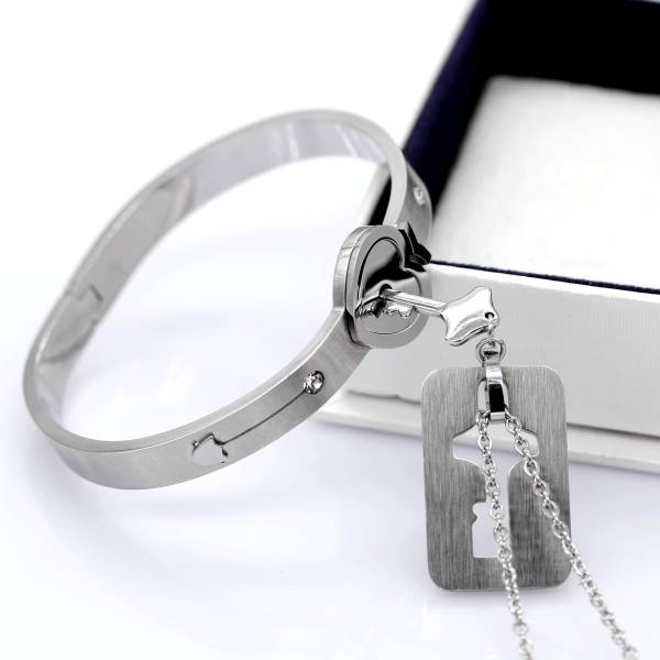 Uloveido His and Hers Matching Set Couple Titanium Only You Have My Key Bangle Bracelet Lock and Key Necklace Set for Girlfriend and Boyfriend SN300 - Image 5