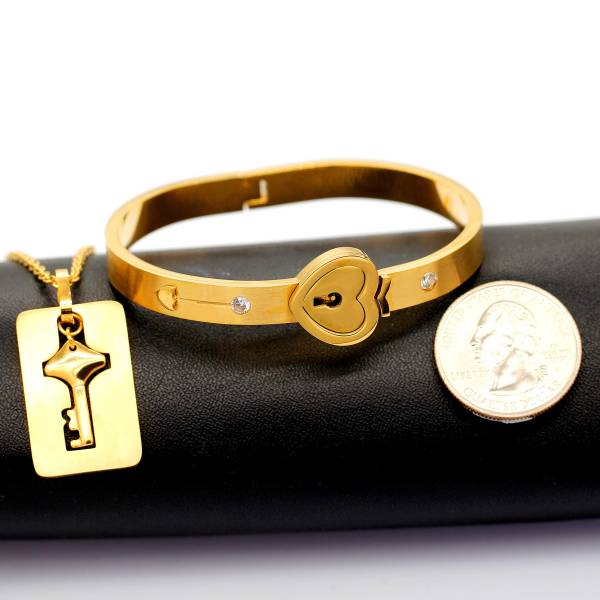 Uloveido Mens Womens Heart Lock Bangle Bracelets with Key Necklace Pendant for Men Women Gold Color Titanium Steel Bracelet and Necklace Set for Couples SN300 - Image 3