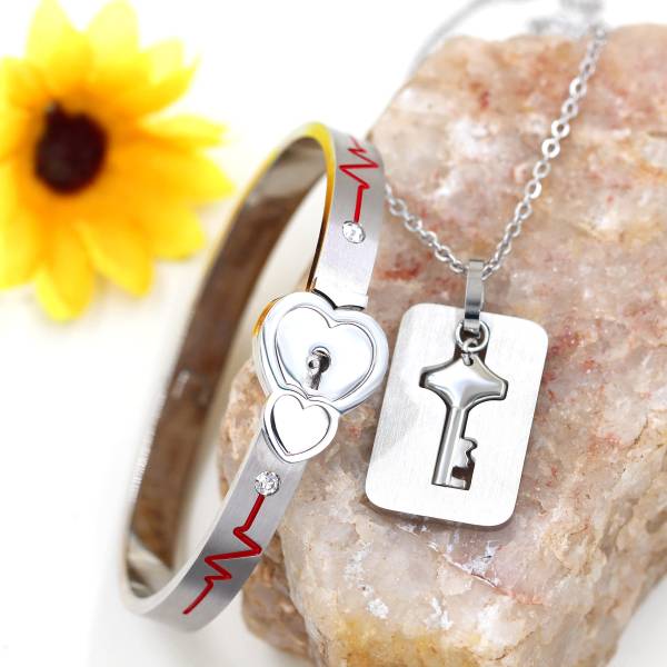 Uloveido Stainless Double Heart Infinity Love Lock Bangle Heartbeat Line Bracelet with Shield Key Pendant Necklace Set Y1891-Steel - Image 7