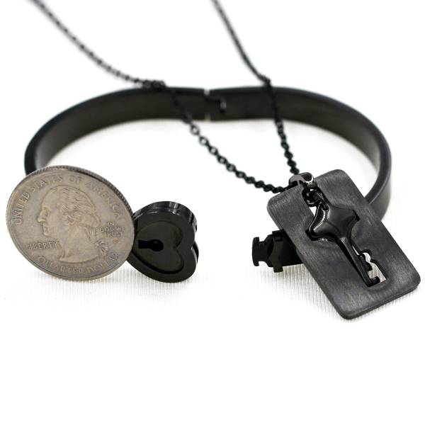 Uloveido His and Hers Matching Set Couple Titanium Heart Lock Bangle Bracelet and Shield Key Pendant Necklace Korean Style (2.4 inch-Black) - Image 3