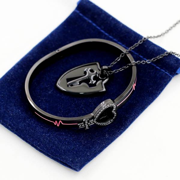 Uloveido Black Stainless Steel Egyptian Ankh Cross Heartbeat Lock Bracelet and Shield Key Pendant Necklace Couples Jewelry Set for Men Women Y1481 - Image 3
