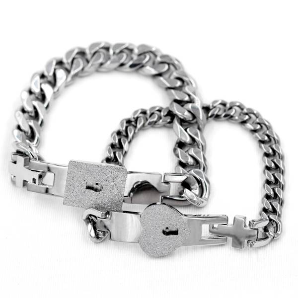 Uloveido Square & Heart Key Lock Bangle Matching Chain Bracelets for Couple, Romantic Gift for friend and friend (steel) - Image 3