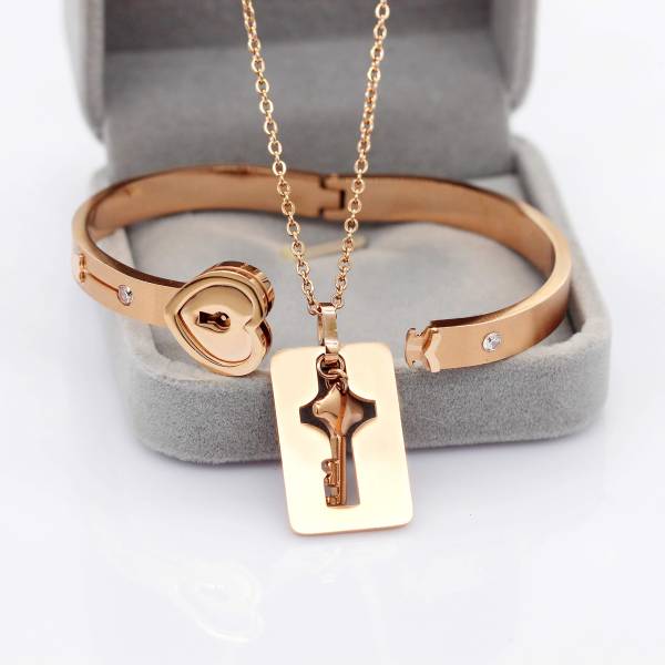 Uloveido Matching Bracelet with Necklace for Girlfriend Boyfriend, Rose Gold Plated Titanium Puzzle Couple Heart Bracelet and Key Pendant Necklace for Men and Women SN300 (Rose gold color) - Image 4