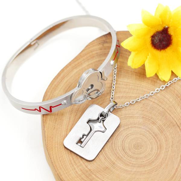 Uloveido Stainless Double Heart Infinity Love Lock Bangle Heartbeat Line Bracelet with Shield Key Pendant Necklace Set Y1891-Steel - Image 6