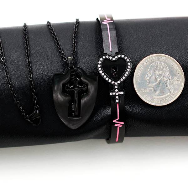 Uloveido Black Stainless Steel Egyptian Ankh Cross Heartbeat Lock Bracelet and Shield Key Pendant Necklace Couples Jewelry Set for Men Women Y1481 - Image 4