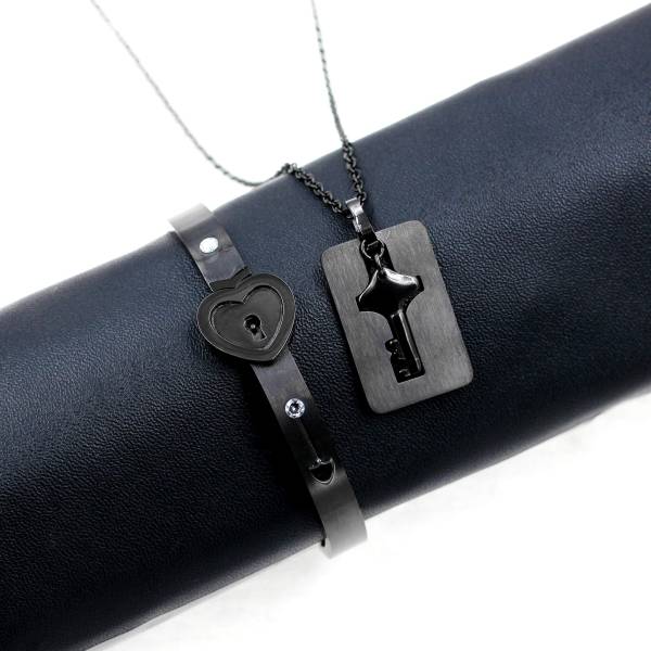 Uloveido Black Titanium Steel Matching Puzzle Couple Heart Lock Bracelet and Key Pendant Necklace for Men and Women, Matching Bracelet Necklace for Men and Women SN300 - Image 3